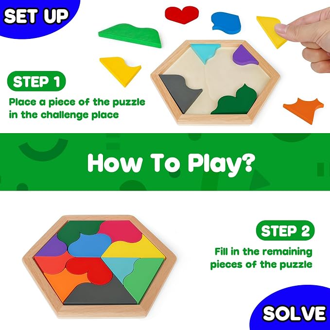 5 Pack Wooden Puzzle Set - STEM Brain Teaser Tangram Games for Kids Ages 3+ | Montessori Educational Toy, Geometric Shape Blocks, Logic IQ Game, Ideal Gift for Kids Teens Adults