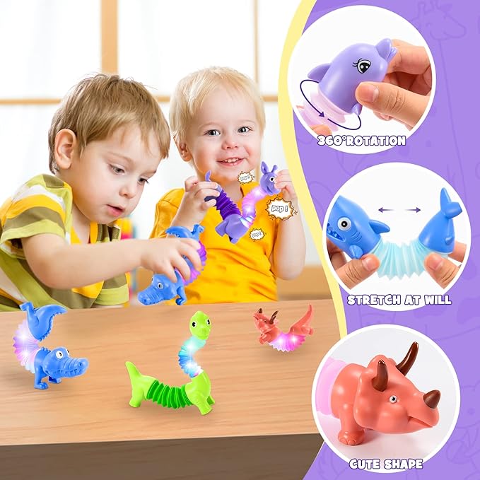 Delighkidz Animals Fidget Toys for Toddlers: 6 Pack LED Animal Pop Tubes for Kids 3 4 5 6 7 8 Year Old Girls Boys Toddler Birthday Gifts Autism Sensory Toy for Grandkids Age 3-8 Tube