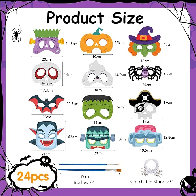 24 Pcs Halloween Mask Crafts for Kids DIY Coloring Halloween Masks | Color Your Own Art and Crafts for Kids Birthday Cosplay Classroom Activities Masquerade Dress-Up Party Favors Game Supply