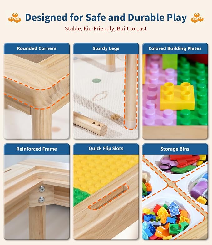 28" Kids Activity Table, Compatible with Lego & Duplo Bricks Play Desk | 4 Foldable Storage Bins, Premium Solid Pine Wood, Reversible Tabletop for Multi-Child STEM Learning & Crafts