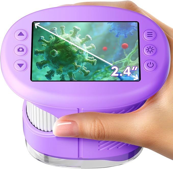 Odatay 2.4" 4K 1000X Digital Kids Microscope with 32G Card 12 Slides Purple | Long Distance Viewing, Portable Handheld Edu Gift Toys for Age 3-12, Exploring Bugs Plants at Home Classroom & Outdoor Travel