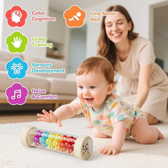 Rain Stick, Montessori Baby Toys for 6-12 Months 1 Year Old, Wooden Rainmaker Baby Rattle Sensory Toys, 7.7” Musical Developmental Toy - Infant Newborn Toddler Toys Gifts for Easter Basket Stuffers
