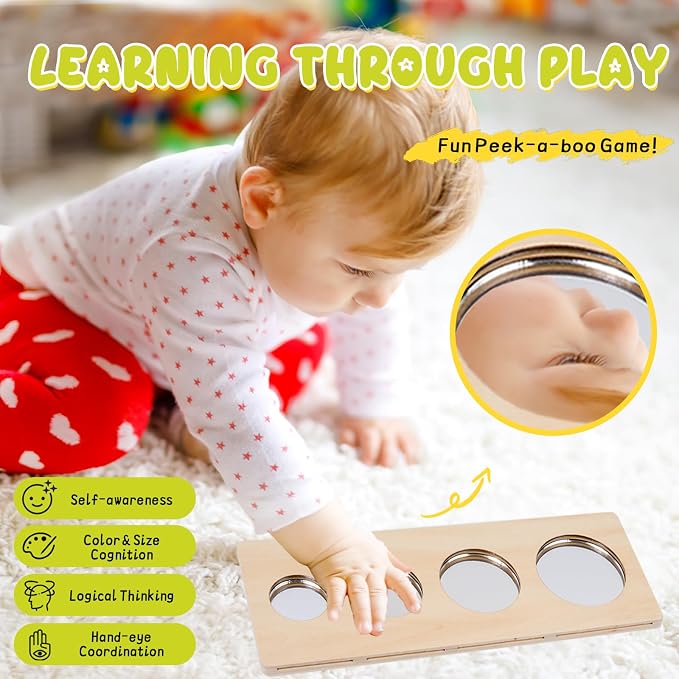 Wooden Circle Peg Puzzle with Mirror & 8 Life Cycles,First Baby Knob Puzzle | 32 Learning Cards for 8 Animal & Plant Life Cycles,Peekaboo Mirror Puzzle for Toddlers 1-3,Montessori Preschool Learning Toy