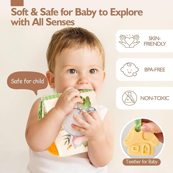 hahaland Baby Soft Cloth Crinkle Books Touch and Feel Sensory Infant Toy | Interactive Book with Mirror Teether, Perfect for 0+ 3 6 Months Baby Girl Boy Newborn Essentials