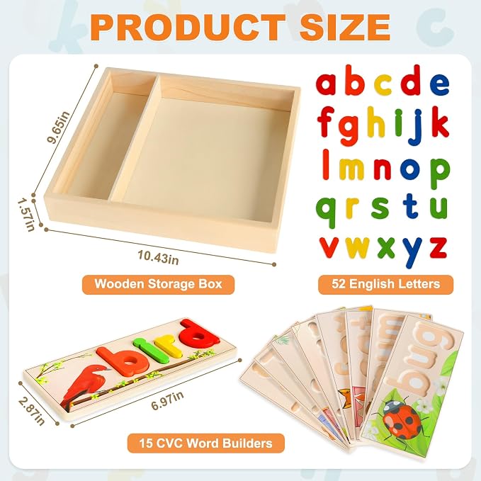 Learning Toys for 3 Year Old, Alphabet Puzzle Spelling Games Preschool | Wooden Alphabet Puzzle with 52 Letter Blocks, CVC Word Matching, Montessori Learning for Preschool Kids Ages 3-5