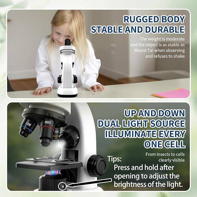 Microscope for Kids Scientific Experiment Kit 40X-1600X Magnification LED Light Educational STEM with Slides and Lab Tools Ages 6-12 (White)