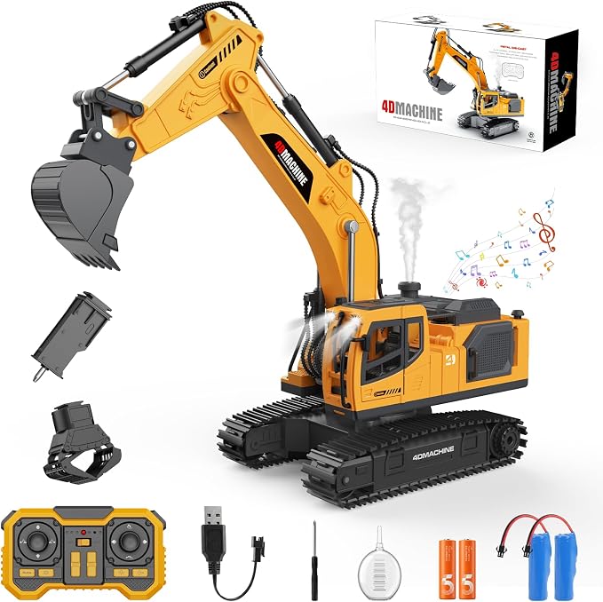 Remote Control Excavator Toy for Boys, 3-in-1 RC Excavator with Alloy Bucket, Breaker & Grapple, Construction Vehicle Toys with Lights & Sounds, 2×1200mAh Batteries, Birthday Gift for Kids 3-12