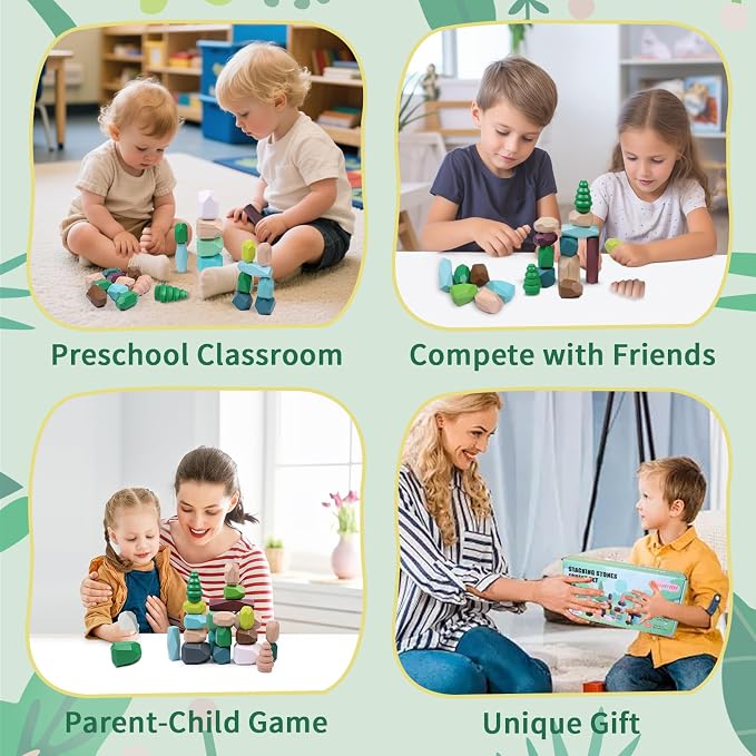 YHHYTOY 40Pcs Montessori Wooden Stacking Rocks Building Blocks Forest Theme | Preschool Sensory Learning Balancing Stacking Games Educational STEM Toys, Birthday Gifts for 3 4 5 Year Old Boys Girls Kids