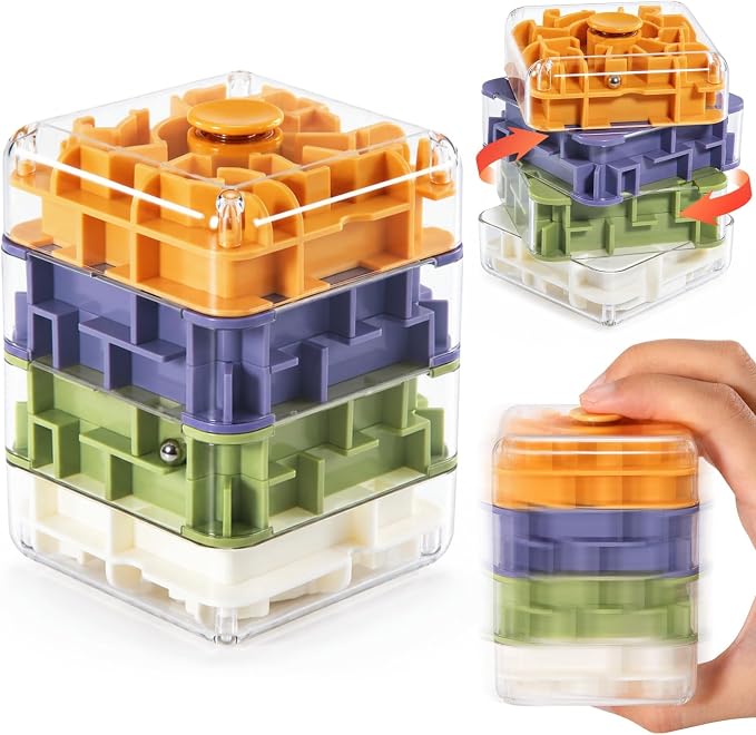 4 Layer 2 in 1 3D Rolling Ball Maze Cube, Kids Fidget Spinning Toys | Fidget Toy and Stress Toy, 3D Brain Teaser Puzzle Game Portable Activity Toy Birthday Gifts for Kids Ages 3-7+ Boys Girls