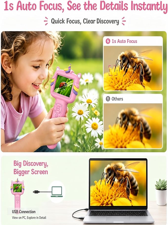 Microscope Camera for Kids Gifts Toys- Handheld Pocket Microscope Autofocus | 2.4" Screen Mini Digital Educational Science Kit for Christmas Birthday for Age 3-5 5-7 8-12 Girls Boys(Pink)