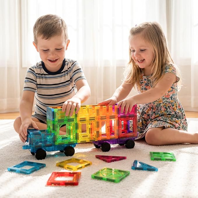 Magnetic Tiles Car Building Kit for Toddlers, 4 PCS Magnet Construction Trucks, STEM Toys for Boys Girls Ages 3-5 4-8,Educational Vehicle Engineering Set, Gifts for Kids