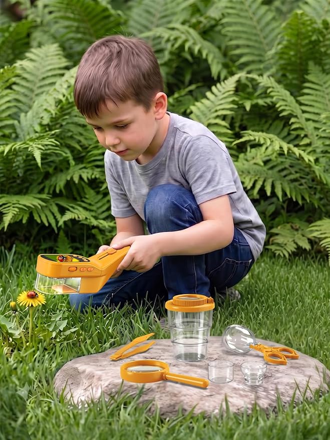 Bug Catcher for Kids with Microscope, Bug Catching Kit-Orange | Kids Microscope, Outdoor Toys with Magnifier, Tweezers & Insect Box, STEM Educational Birthday Gift for Kids Ages 3-12