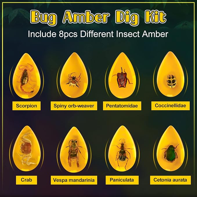 Bigger Amber Dig Kit-8 Artificial Insect Resin, Excavate Unique Insect Specimens, STEM Excavation Bugs Toys Science Kit for Kids,Educational Gifts Party Favors for Girls & Boys Age 6-8-12-14