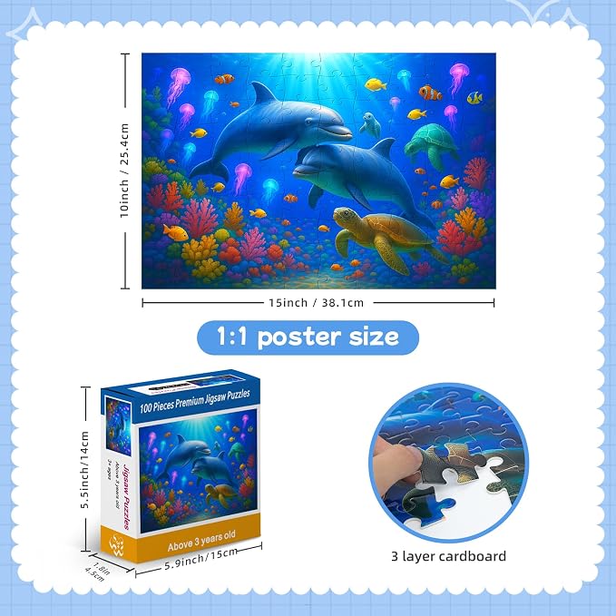 100 Piece Puzzles for Kids Girls Boys Ages 4-10, Colorful Ocean Under Sea | Learning Educational Jigsaw Puzzles Toys with Full-size Poster, Holiday/ Birthday/Party/School Gifts for Children