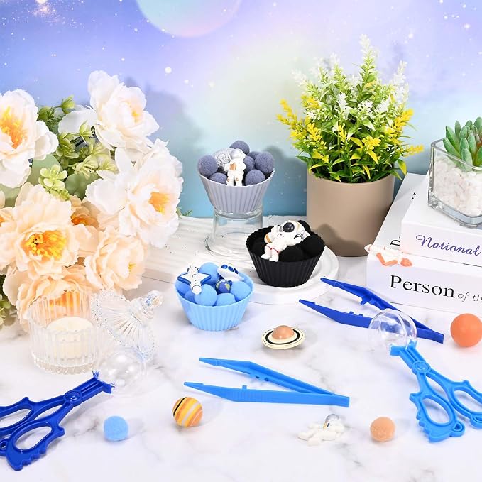 Sanixn 152 Pcs Space Sensory Bin Fillers Outer Space Fine Motor Skills Astronauts Sensory Bin Item Pompoms Cups Tweezers Scissor Clips for Preschool Education Activities Sorting Counting(Space)