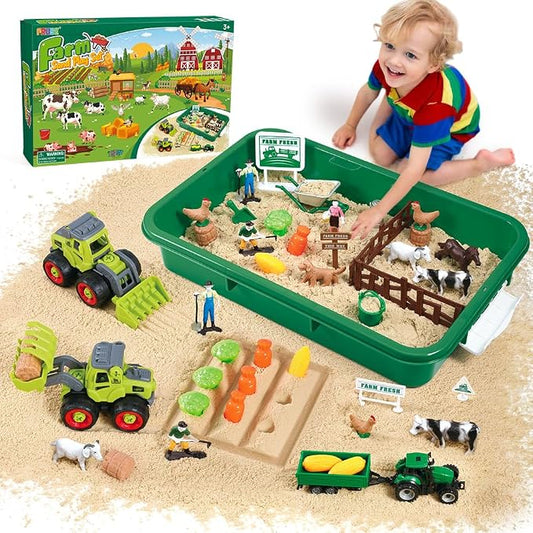 FRUSE Farm Sensory Bin Toys with Play Sand Kit & Tractor for Toddlers 3-8 | Sand Box, 2.2lbs Sensory Sand Kit, Farm Ainmal Figures, Sandbox with Lid, Sands Toys, Farm Tools, Gift for Toddlers Kids
