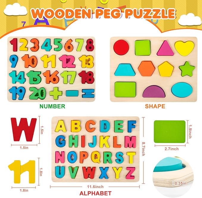 Attmu Alphabet Wooden Puzzles for Toddlers 3 Pcs ABC Shape Number Puzzle | Learning Toys for Kids, Preschool Educational Activities Toddler Gift Toys for Girls Boys Christmas Valentines Easter