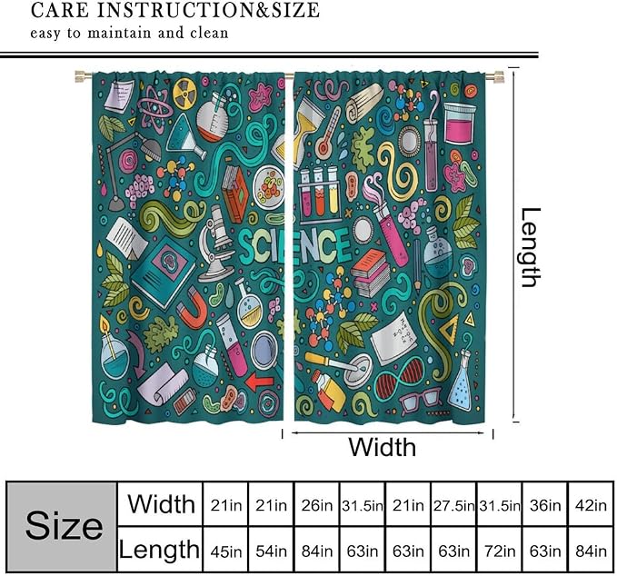 Science Symbols Kids Curtain Sketches Cartoon Chemistry Physics Geometry Education Pattern Print Window Drapes for Bedroom Living Room Kitchen Decor,2 Panel Set,42x54 Inch Blackout