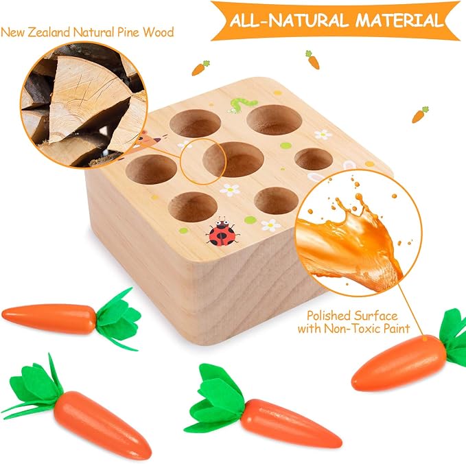 Montessori Toys Baby Easter Toys for Toddlers 1-3 Years Old, Educational Wooden Carrot Toys Shape Size Sorting Matching Puzzle, Great Baby Easter Gifts Birthday Gift Toy