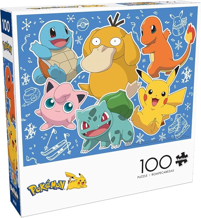 Buffalo Games - Pokémon Kanto Holiday - 100 Piece Puzzle for Kids Ages 6-8 | Made in USA, Recycled Board, Includes Poster, Giftable, Frameable Art