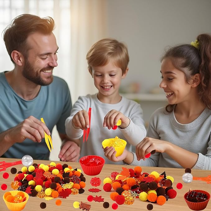 241 Pcs Fall Sensory Bin Fillers Fall Sensory Bin Items Fall Thanksgiving | Fine Motor Toys Counting Sorting Set,Felt Leaves,Acrylic Pumpkins,Pom Poms Sorting Cups,Tweezers for Preschool Education Acti