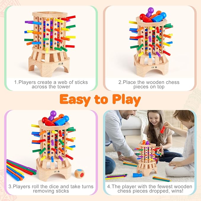 Montessori Wooden Board Game, Colorful Sticks Educational Toy for 3-6 Year Old Kids, Fine Motor Skills Toys, Family Travel Game for 3+ Year Olds, Birthday Gift for Boys and Girls