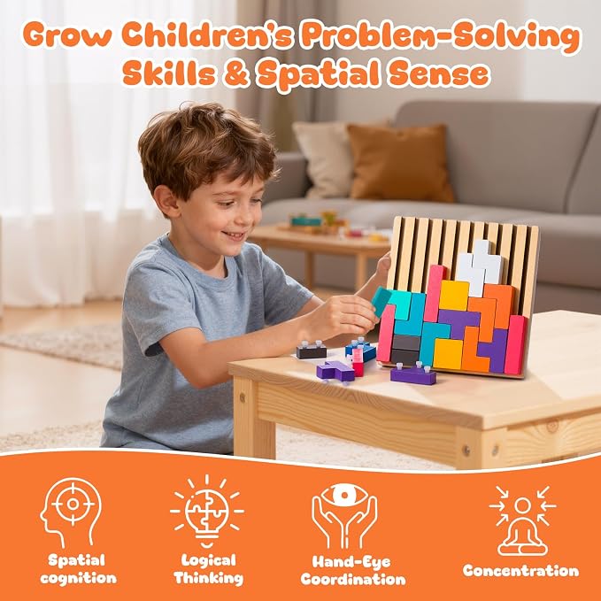 Wooden Colored 3D Russian Block Puzzle Travel Toy, Montessori Educational Gift for Kids Ages 3–6 with 28 Wood Blocks & Storage Bag, Wooden Stacking Puzzle Toy (Travel Size)