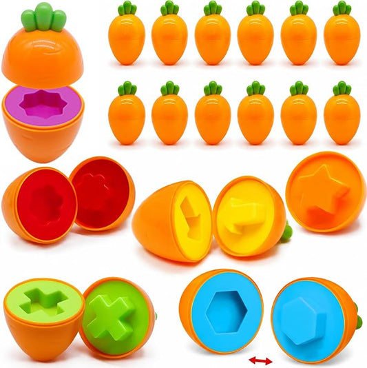 WEEJOYGAM 12PCS Carrot Matching Egg Toys for Toddlers, Montessori Toys for Baby Girl Boy Birthday Gift, Shape Sorter Color Sorting Sensory Learning Fine Motor Geometric Puzzles Game
