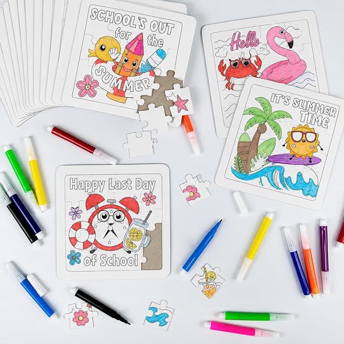 Cinrobiye 24 PCS End of Year Students Gifts Summer Beach Pool Coloring Jigsaw Puzzle Craft Bulk DIY Holiday Graduation Puzzles Craft with Colored Pens for Birthday Last Day of School Party Favor Decor