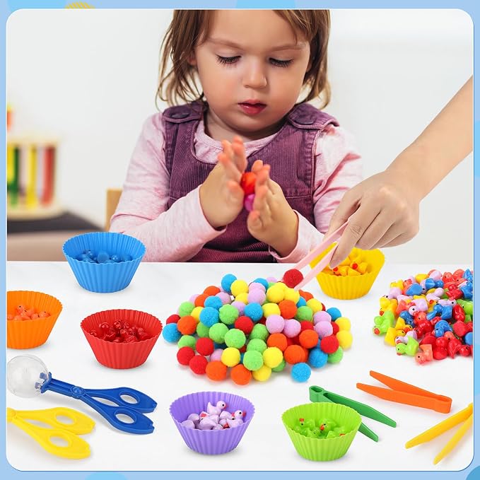 228 Pcs Colorful Sensory Bin Filler Fine Motor Toys Counting Sorting | 120Pcs Pom Pom 90Pcs Mini Resin Duck 12Pcs Sorting Cups 4Pcs Tweezers 2Pcs Scissors Clips for Preschool Early Education