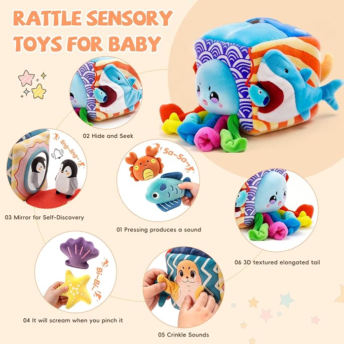 Baby Toys 6-12 Months, Montessori Sensory Toys with 5 Plush Sea Animals | Soft Mystery Box with Crinkle,Squeaky,Rattle & Mirror for Fine Motor Play & Multi-Sensory Learning,Gifts for Infants & Babies