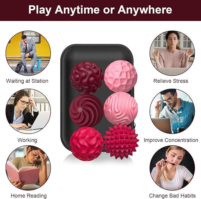 BUSOHA Silicone Magnetic Fidget Balls - 6 Pack Fidget Toys for Adult | Six Unique Textures Sensory Support,Quiet and Silent Stress Relief,Lightweight,Office,Travel,Anxiety,ADHD,Red