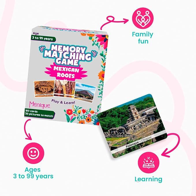 Menique – Mexican Roots Memory Game – Bilingual – 100 Cards (50 Pairs) with Real Photographs – Includes Booklets in English & Spanish – Cultural Matching Game for Kids & Adults