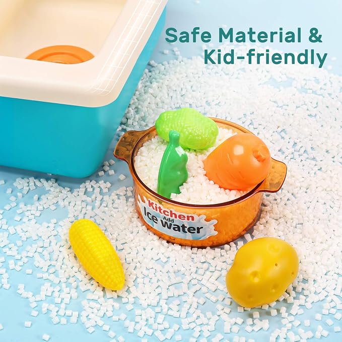 CUTE STONE Play Kitchen Sink Toys with Upgraded Real Faucet | Play Sink with Cooking Stove, Cookware Pot and Pan, Play Food, Color Changing Dishes Accessories for Boys Girls Toddlers