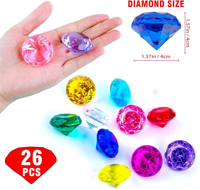 Niceup 26PCS Navy Blue Fake Diamonds Big Gem Toys, 1.5in Pool Diving Gems Acrylic Plastic Gemstones for Kids, Party Décor Jewels Treasure Hunt Hiding Sensory Bin Filler Toys Craft Supplies