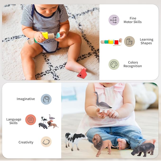WOODMAM 9 in 1 Wooden Montessori Educational Toy Set for Kids 19-24 Months | 60Pcs Montessori Toys for 1+ Year Old, Lock Box, Color Sorting Board, Lacing Beads, Animal Figures, 19-24 Months Gifts