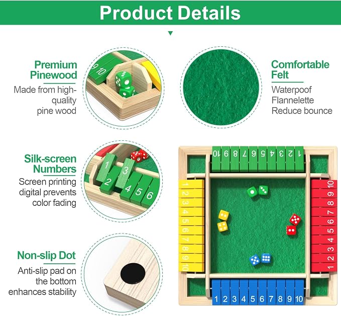 Shut The Box Game Wooden Math Dice Board Game 2-4 Players | Board Game for Family Nights, Classrooms, Bars, Parties & Travel, Ideal Birthday & Christmas Gift for Kids, Adults & Seniors