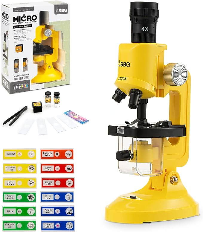 Little World Kids Microscope with LED Light - 100X/400X/1200X Magnification | Beginner science kit, includes prepared 12 slides, monocular view, educational STEM gift for ages 5-12, Yellow