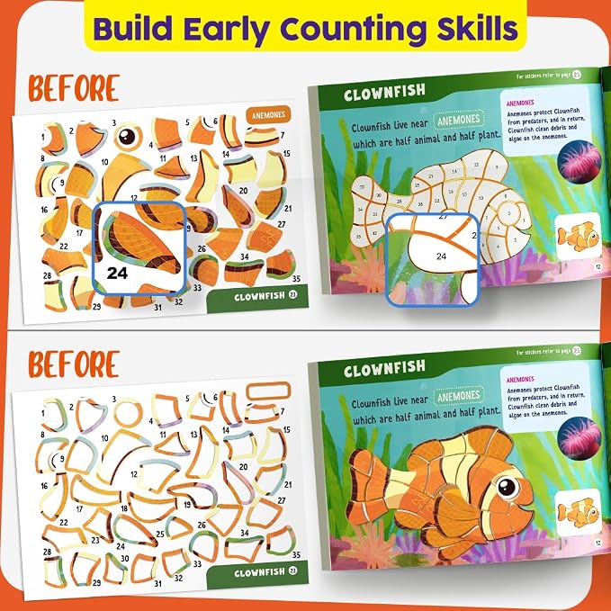 Funcils Paint by Sticker Book for Kids Ages 4-8, 30 Color Sticker by Number | Travel, Airplane, Car Activities for Kids, Girls & Boys - Art & Crafts Games, Puzzle Books, Learning Educational Kit
