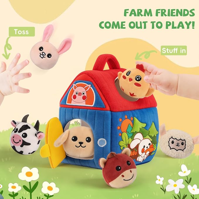 SAIMAND Montessori Farm Toy for Babies, Plush Barn with 7 Soft Animal Toys | Crinkle, Squeaky, Rattle, Mirror, Portable Barn Storage, Fine Motor Play, Multi-Sensory Learning, Gift for Infants & Toddler