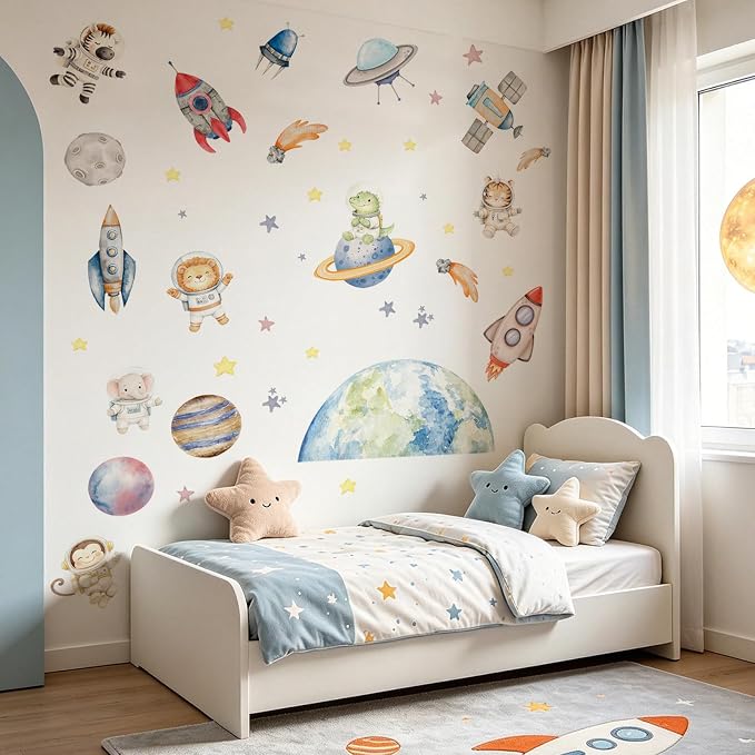 LHIUEM Space Animal Astronaut Wall Decals 39"X12" Cute Outer Space Peel and Stick Wall Stickers Planet Rocket Bulletin Board Decor Removable Self Adhesive Educational for Kids Bedroom Nursery
