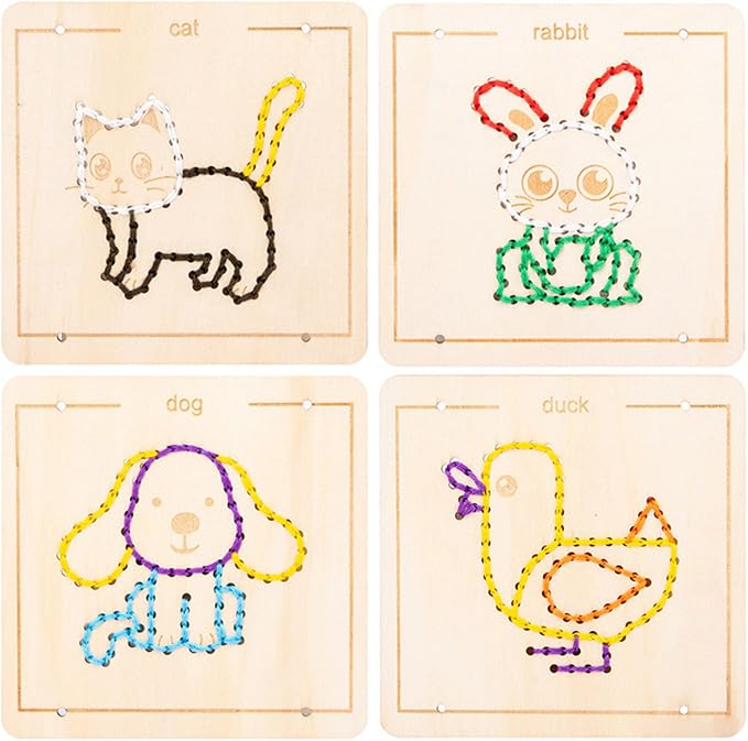 Wooden Lacing Sewing Cards Kit, Fine Motor Montessori Handcraft Educational Toy for Kids,Animals
