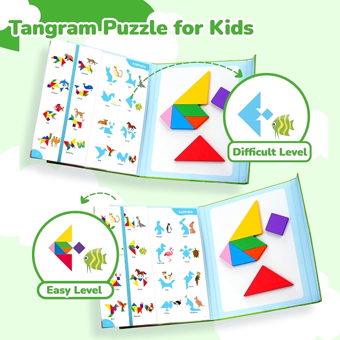 BenBen Magnetic Tangram Puzzle, Wooden Travel Toys Ages 4-8 8-12 | Wooden Dual-Sided Magnetic Board, Travel Games for Road Trips, Car Toys for Kids, STEM Educational IQ Book
