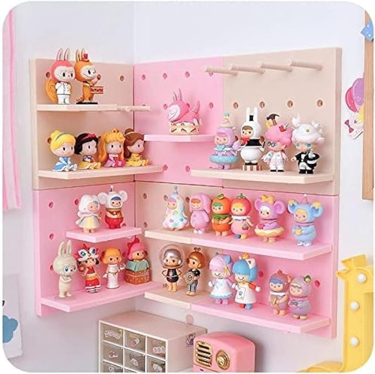Kawaii Peg Board with Hook, Trinket Shelf for Bedroom, Cute Display Decor | 4 Pack Pegboard Ledges Organizer for Hanging Keychains, Decorative Wall Panel Kits for Blindboxes Lightweight Dolls, Pink