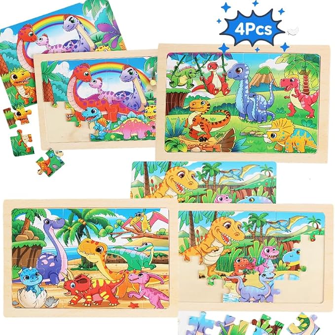 Wooden Puzzles for Kids 3-5, 4 Pack Dinosaur Jigsaw Puzzles for Toddlers, 24 Pieces Preschool Learning Activities, Learning & Educational Puzzles, Gift for Boys, Girls