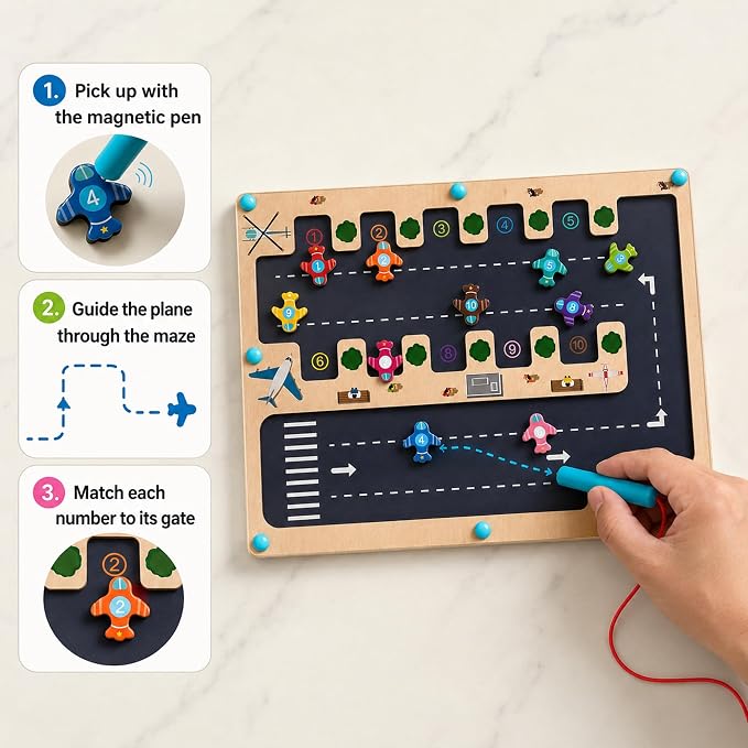 Magnetic Number Maze Toy for Toddlers Ages 3-5, Wooden Airport Parking Puzzle with Magnetic Pen, Montessori Counting & Number Matching Learning Toy, Fine Motor Skills Activity for Boys Girls 3 4 5