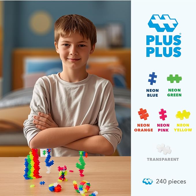 PLUS PLUS 240 Piece Neon Mix - Mini Waffle Blocks, Classroom Must Haves | STEM Toys, Sensory Bin Fillers, Occupational Therapy Tools, Gifts for Boys & Girls, Christmas Stocking Stuffers for Kids