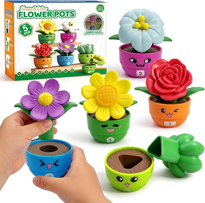 Flower Garden Toddler Toys, Kids Gardening Building Toy, Color Shape Sorting & Matching Game, Montessori Stacking Sensory Learning Toys, 2 Year Old Girl Birthday Gift