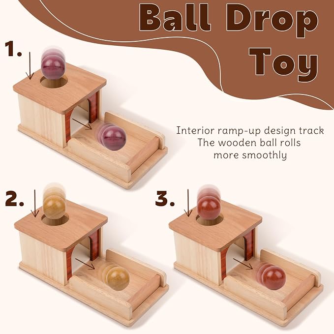 Adena Montessori Object Permanence Box for 6-12 Month Baby 3 Balls, Wooden Baby Toy in Natural Wood Tones, Real Wood Montessori Learning Toy for Toddler 1 Year Old, Sensory Developmental Gift