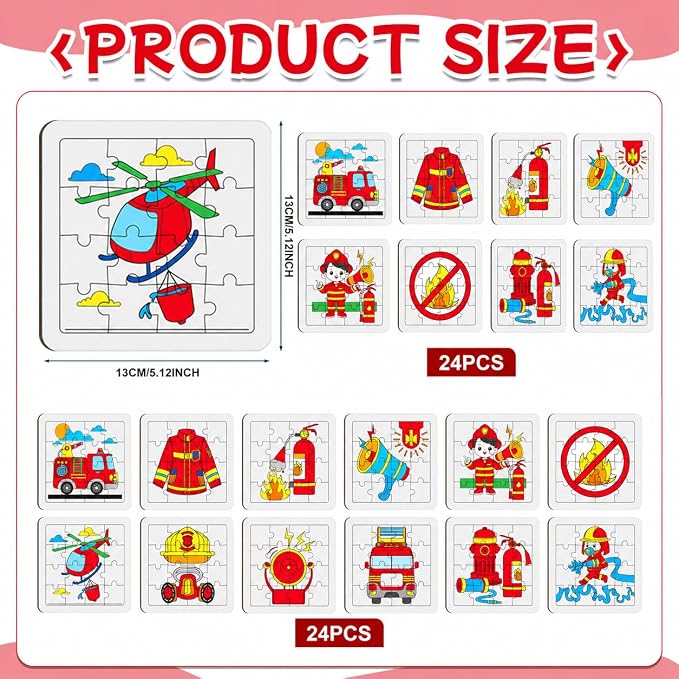 Cinrobiye 24 Pcs Firefighter Coloring Jigsaw Craft Kit for Kids, DIY Rescue Vehicle Activity Set Bulk with 12 Designs, Fire Truck Birthday Party Favors, Classroom Safety Projects